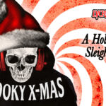 spooky christmas playlist cover art with skeleton sam and candy swirl
